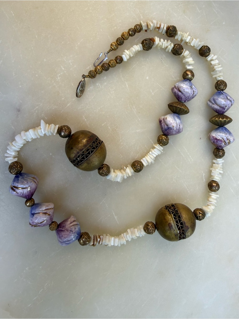 Vintage, perhaps antique- Handcrafted Purple and White Beaded Statement Necklace